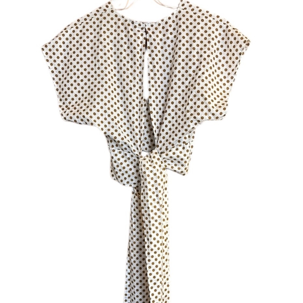 Zara Linen Blend White & Tan Polka Dot Crop Top with Tie in the Back - Picture 5 of 7